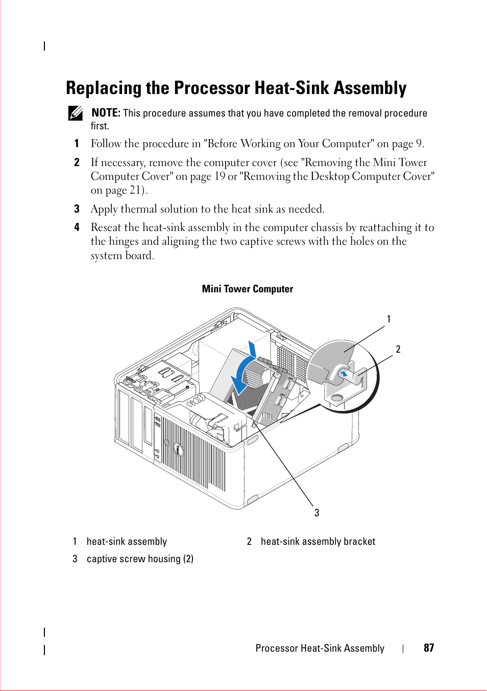 Replacing the processor heat-sink assembly | Dell OptiPlex 360 (Late 2008) User Manual | Page 87 / 160