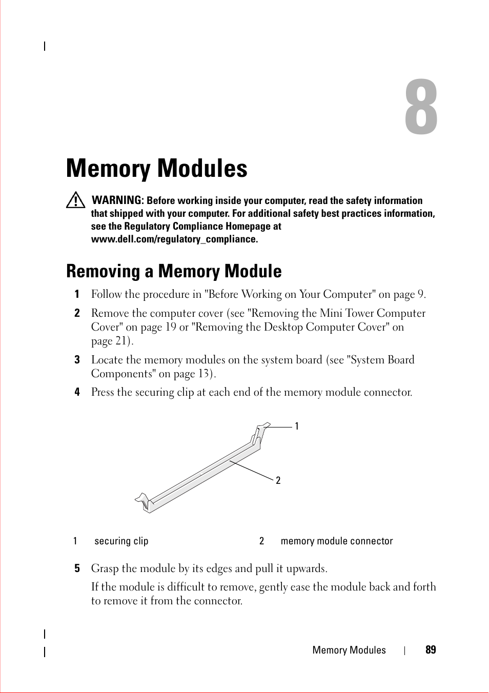 Memory modules, Removing a memory module | Dell OptiPlex 360 (Late 2008) User Manual | Page 89 / 160