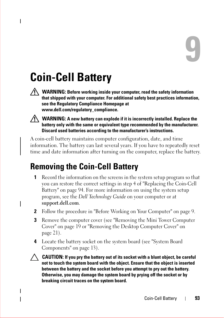 Coin-cell battery, Removing the coin-cell battery | Dell OptiPlex 360 (Late 2008) User Manual | Page 93 / 160