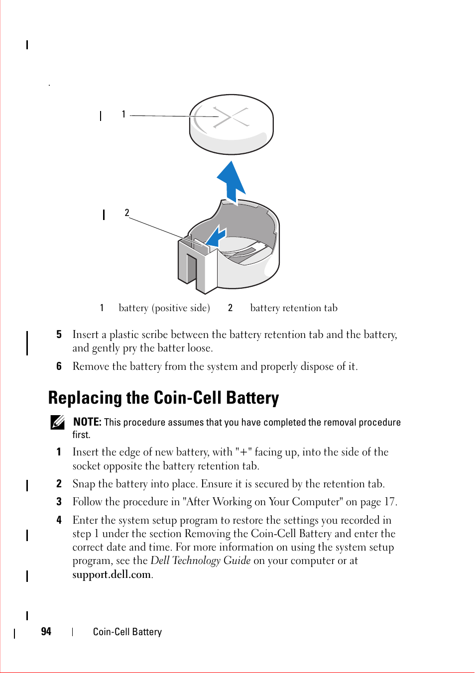 Replacing the coin-cell battery, Ect settings in step 4 of "replacing the coin-cell | Dell OptiPlex 360 (Late 2008) User Manual | Page 94 / 160