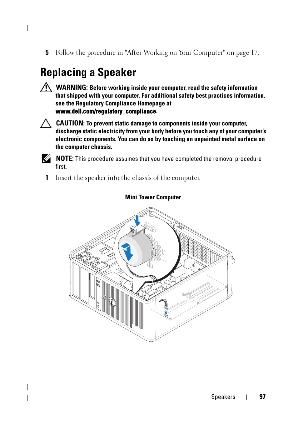 Replacing a speaker, Mini tower computer | Dell OptiPlex 360 (Late 2008) User Manual | Page 97 / 160