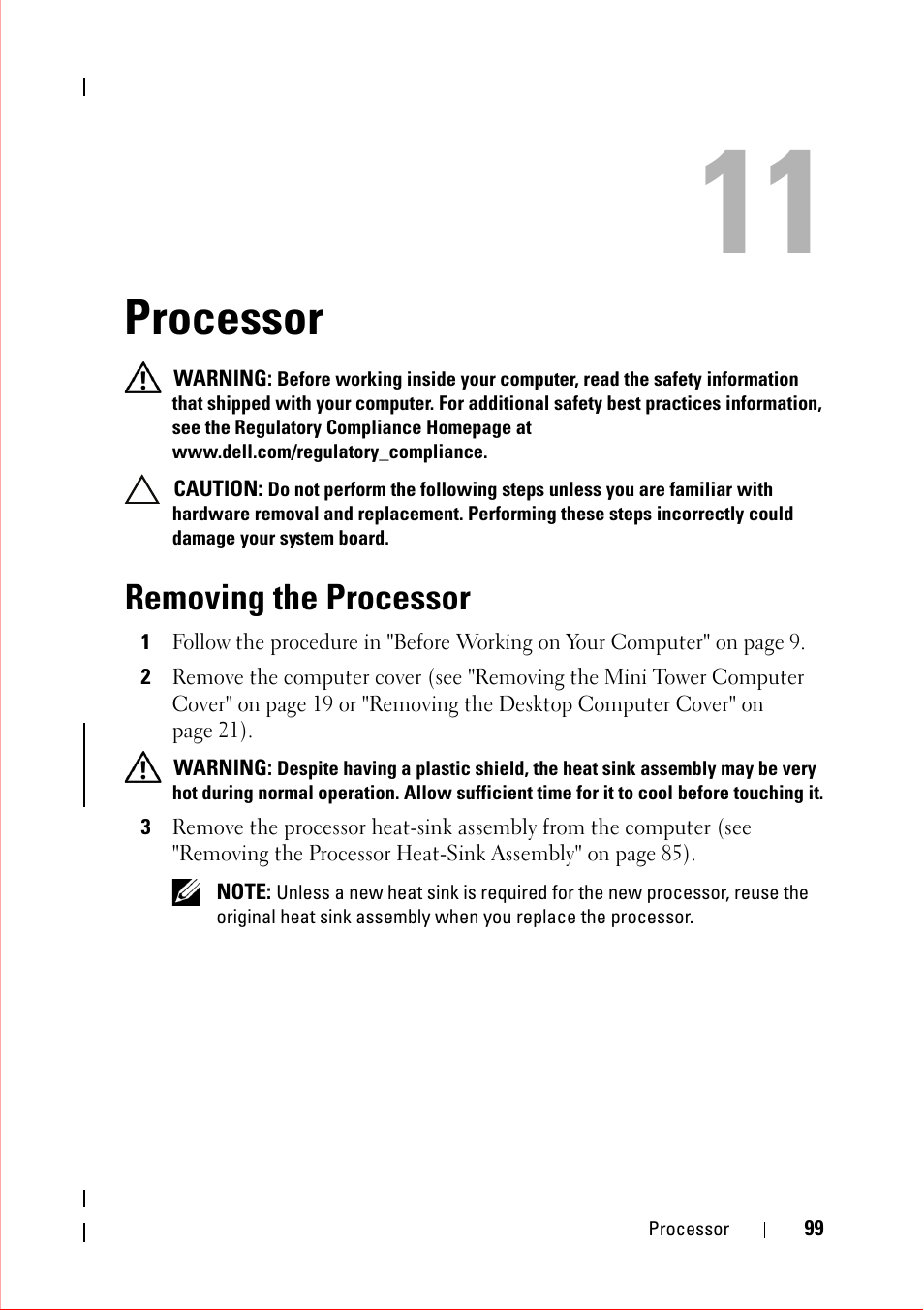 Processor, Removing the processor | Dell OptiPlex 360 (Late 2008) User Manual | Page 99 / 160