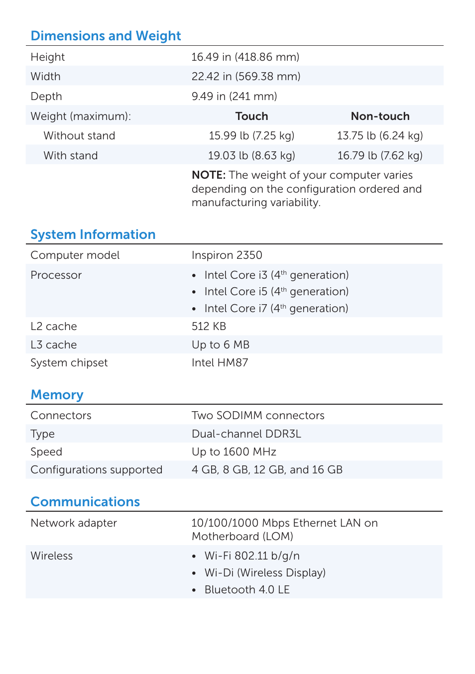 Dimensions and weight, System information, Communications | Dell Inspiron 23 (2350, Mid 2013) User Manual | Page 2 / 5