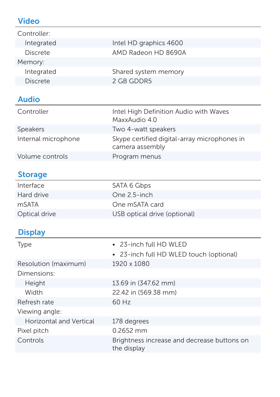 Video, Audio, Storage | Display | Dell Inspiron 23 (2350, Mid 2013) User Manual | Page 3 / 5