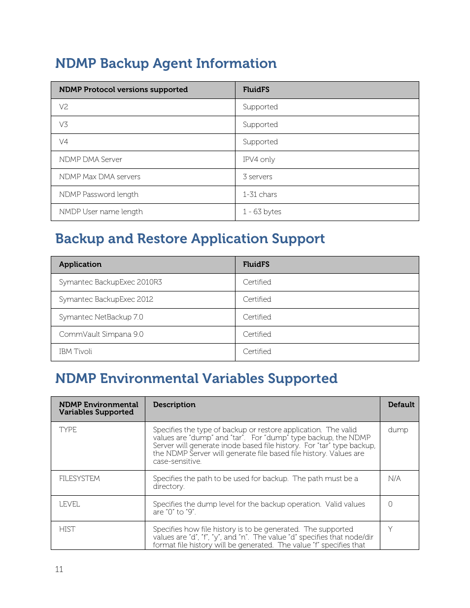 Ndmp backup agent information, Backup and restore application support, Ndmp environmental variables supported | Dell PowerVault NX3500 User Manual | Page 11 / 12