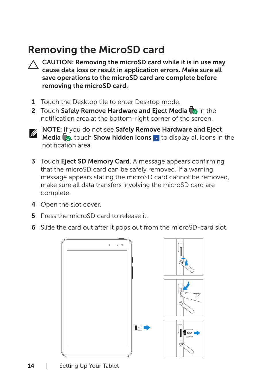 Removing the microsd card | Dell Venue 8 Pro (3845, Late 2014) User Manual | Page 14 / 39