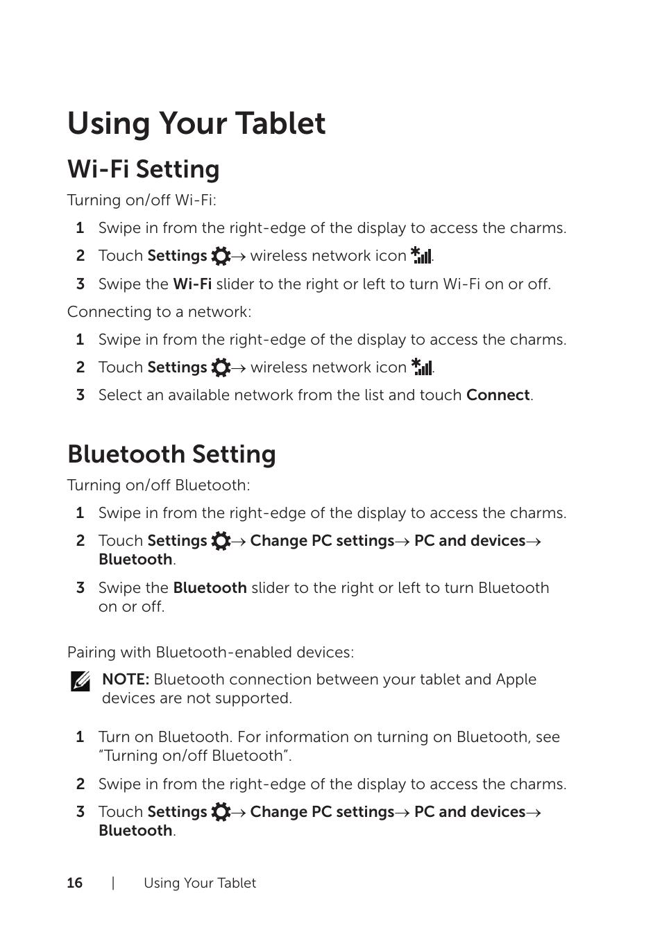 Using your tablet, Wi‑fi setting, Bluetooth setting | Wi‑fi setting bluetooth setting, Wi-fi setting | Dell Venue 8 Pro (3845, Late 2014) User Manual | Page 16 / 39