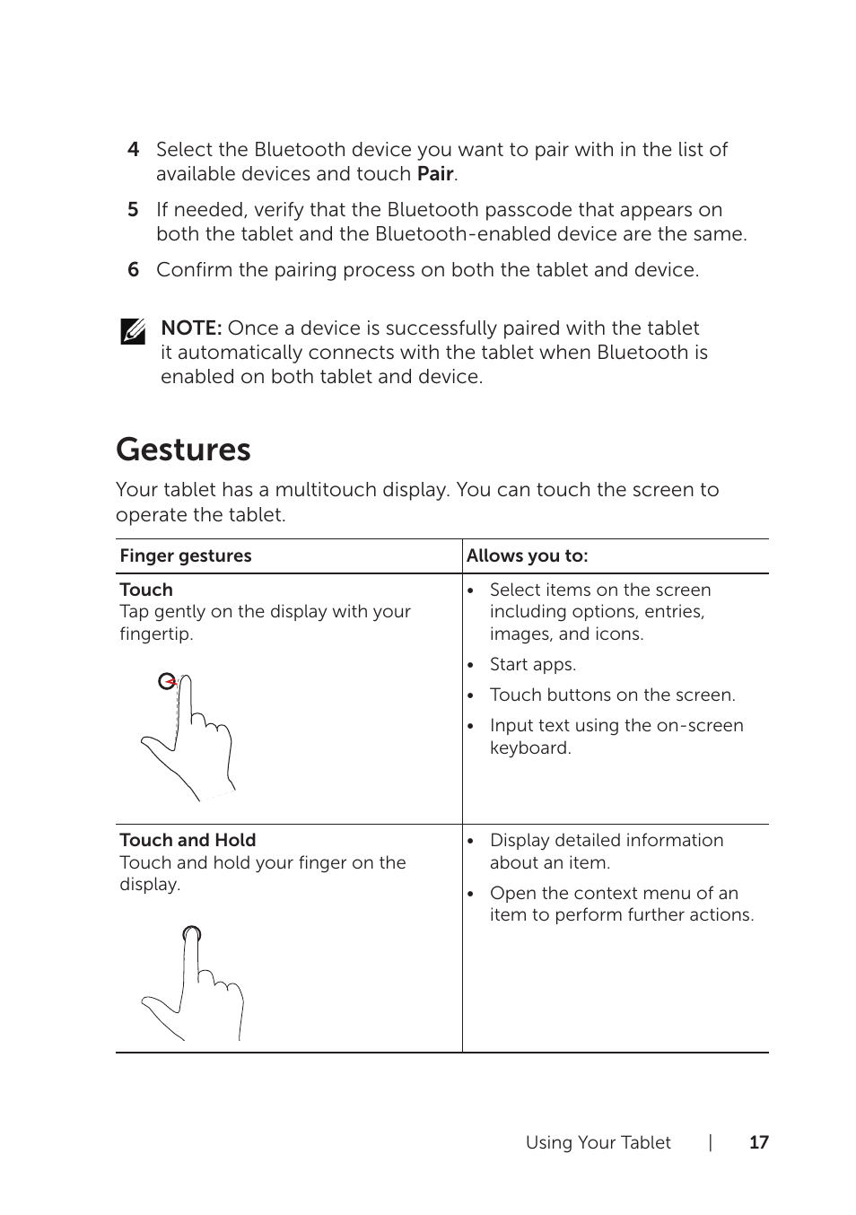 Gestures | Dell Venue 8 Pro (3845, Late 2014) User Manual | Page 17 / 39