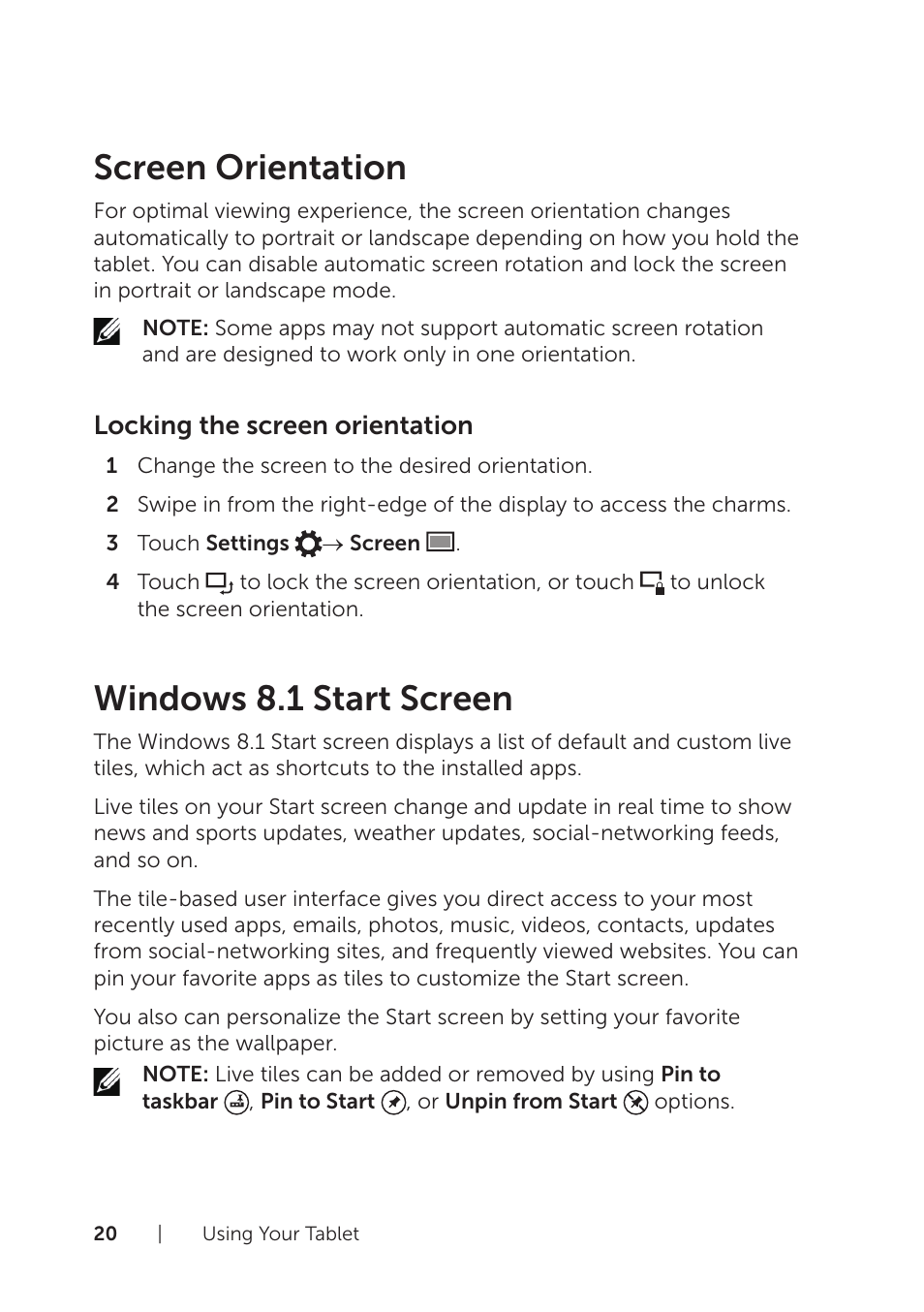 Screen orientation, Windows 8.1 start screen, Screen orientation windows 8.1 start screen | Locking the screen orientation | Dell Venue 8 Pro (3845, Late 2014) User Manual | Page 20 / 39