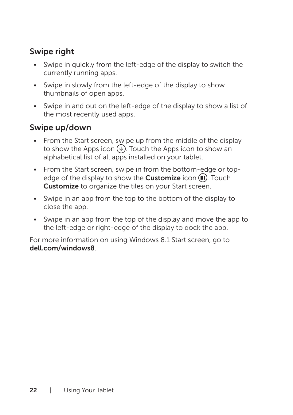 Swipe right, Swipe up/down | Dell Venue 8 Pro (3845, Late 2014) User Manual | Page 22 / 39