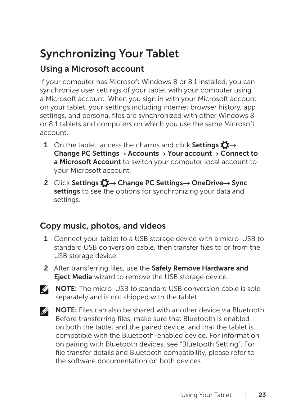 Synchronizing your tablet, Using a microsoft account, Copy music, photos, and videos | Dell Venue 8 Pro (3845, Late 2014) User Manual | Page 23 / 39