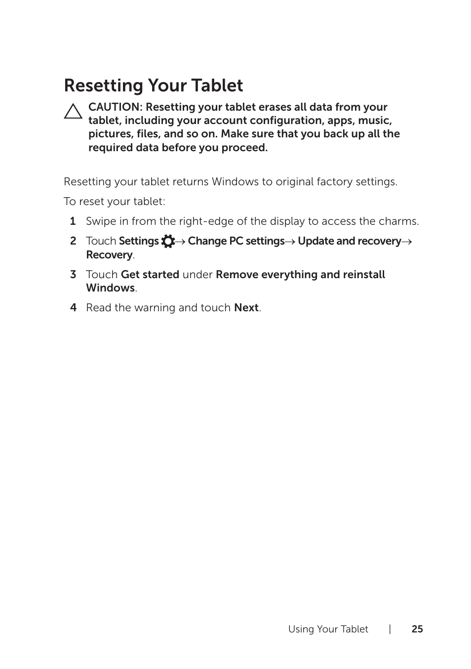 Resetting your tablet | Dell Venue 8 Pro (3845, Late 2014) User Manual | Page 25 / 39