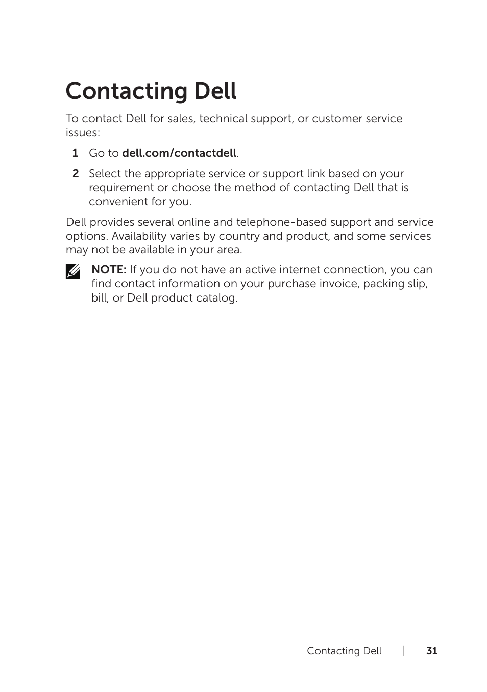 Contacting dell | Dell Venue 8 Pro (3845, Late 2014) User Manual | Page 31 / 39