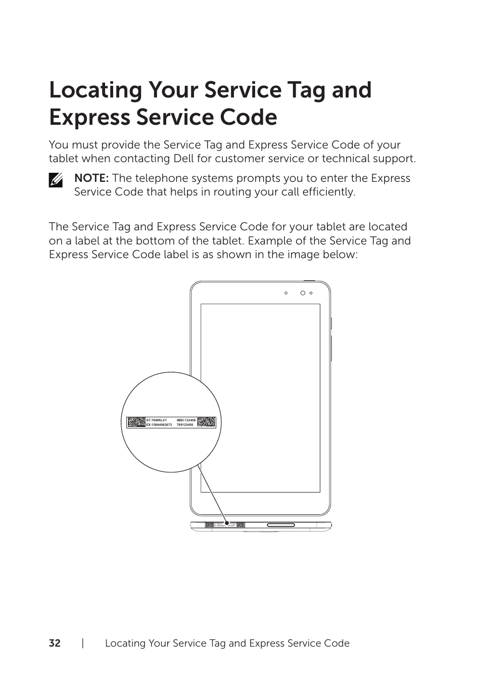 Locating your service tag and express service code | Dell Venue 8 Pro (3845, Late 2014) User Manual | Page 32 / 39