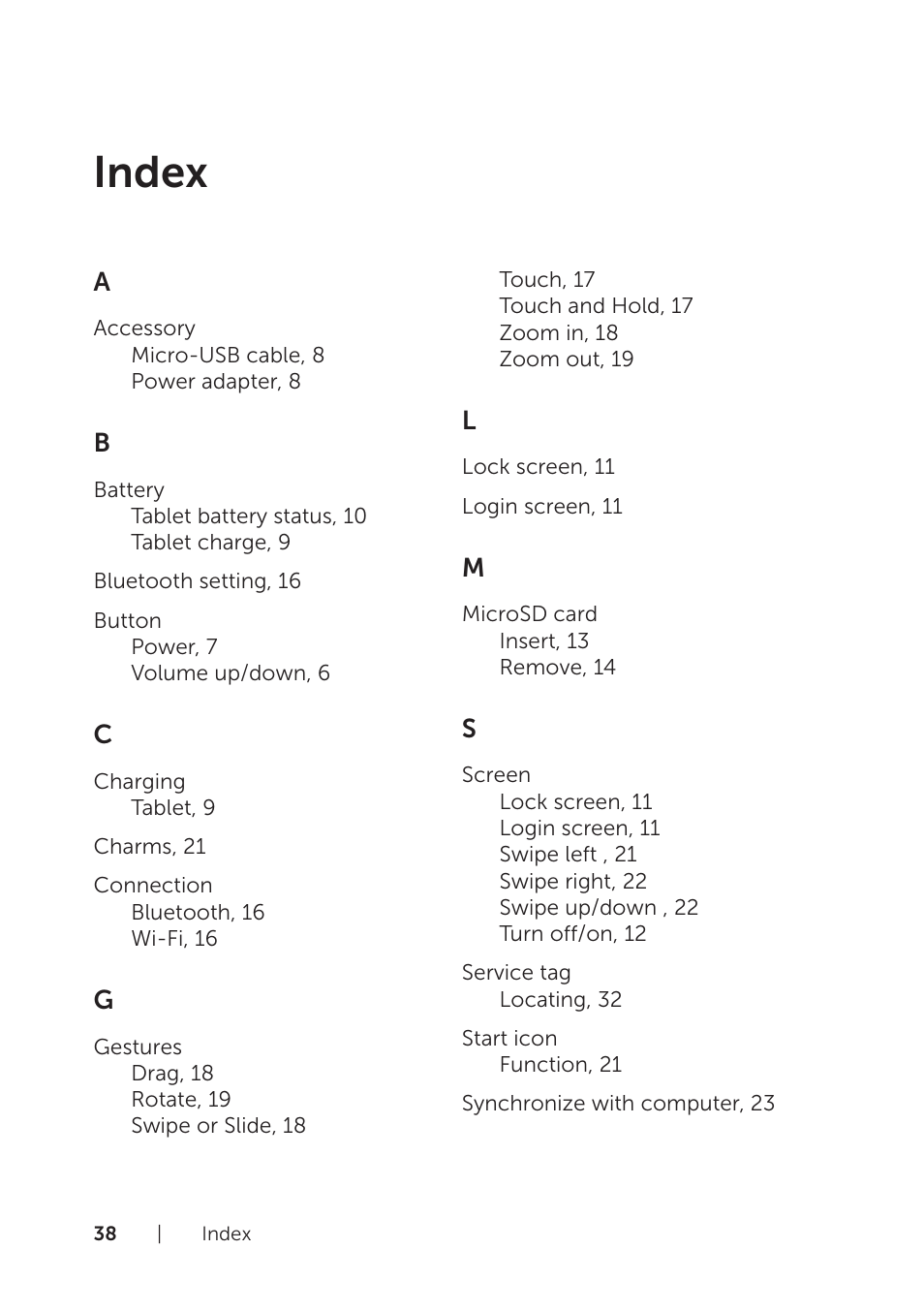 Index | Dell Venue 8 Pro (3845, Late 2014) User Manual | Page 38 / 39