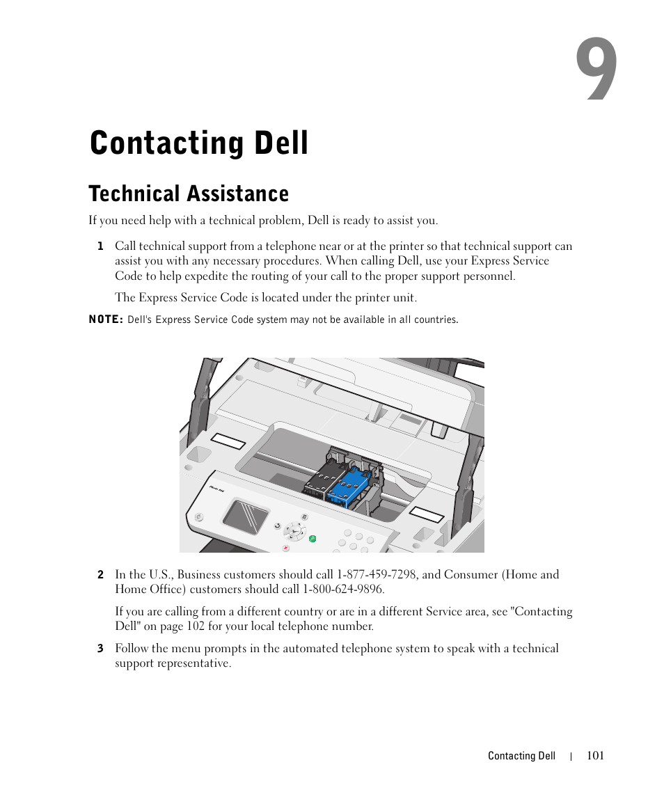 Contacting dell, Technical assistance | Dell 964 All In One Photo Printer User Manual | Page 101 / 136