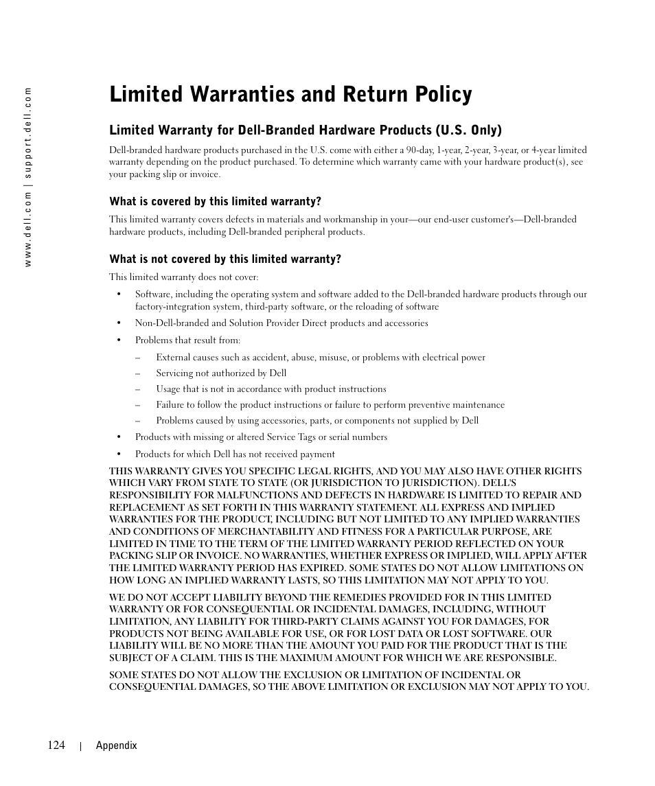 Limited warranties and return policy | Dell 964 All In One Photo Printer User Manual | Page 124 / 136