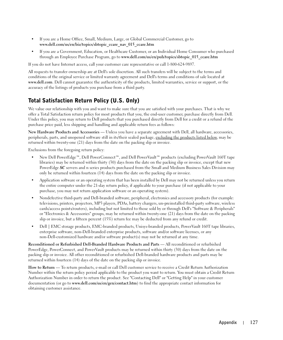 Total satisfaction return policy (u.s. only) | Dell 964 All In One Photo Printer User Manual | Page 127 / 136