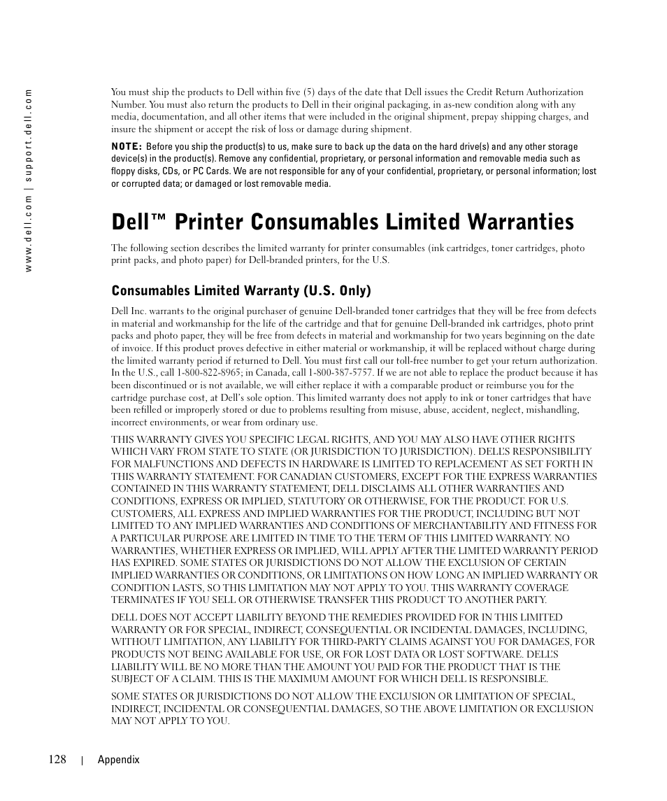 Dell™ printer consumables limited warranties, Consumables limited warranty (u.s. only) | Dell 964 All In One Photo Printer User Manual | Page 128 / 136