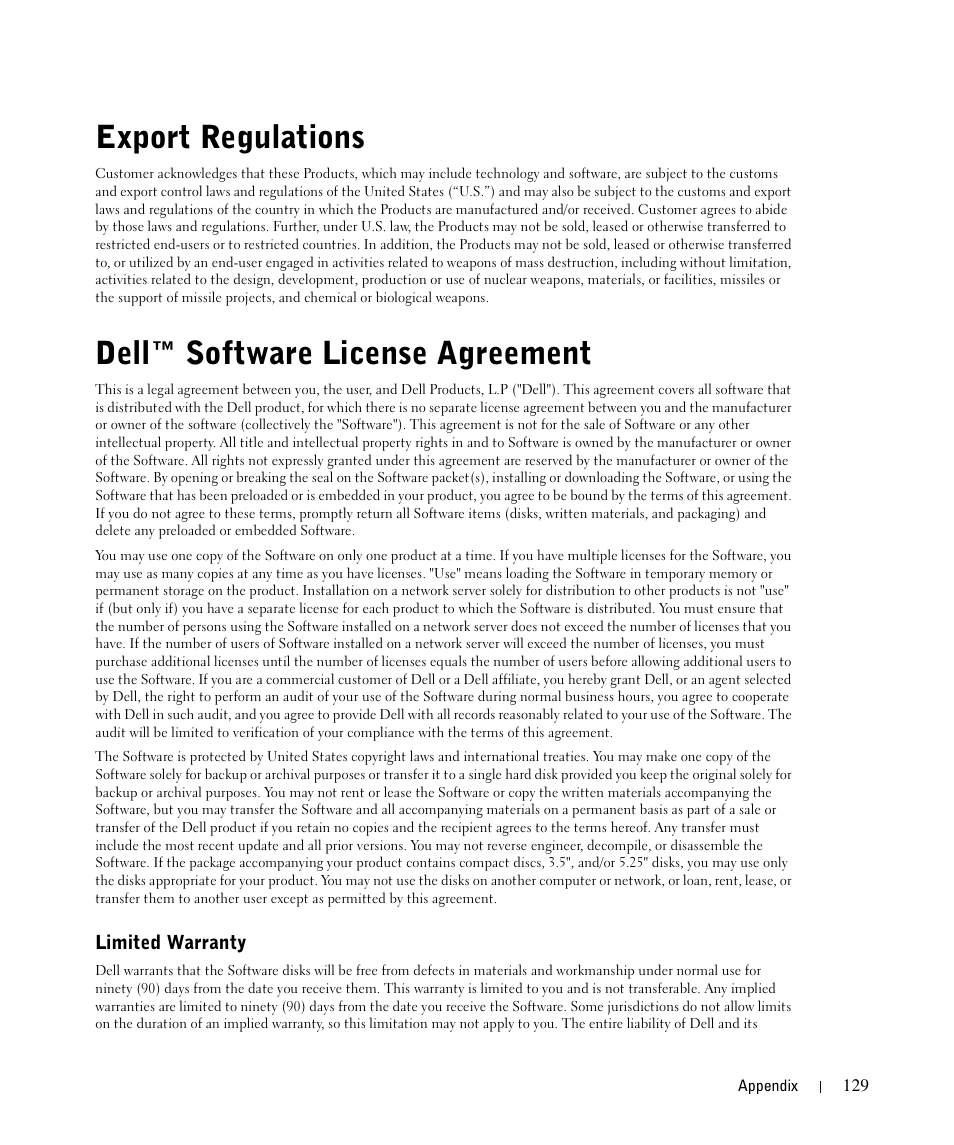 Export regulations, Dell™ software license agreement | Dell 964 All In One Photo Printer User Manual | Page 129 / 136