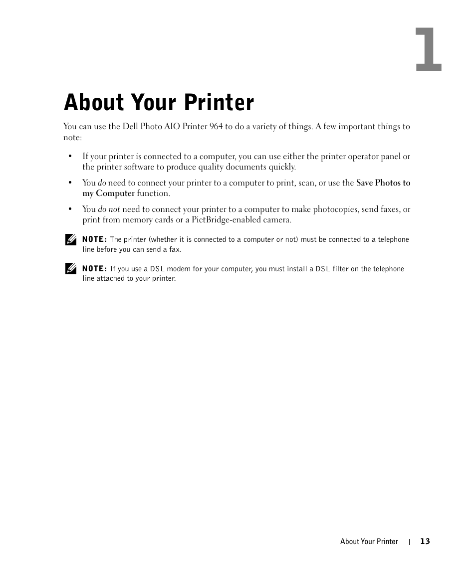 About your printer | Dell 964 All In One Photo Printer User Manual | Page 13 / 136