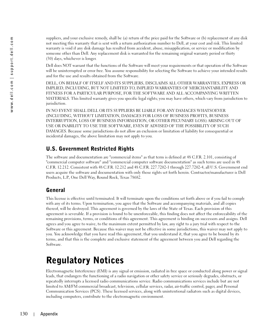 Regulatory notices, U.s. government restricted rights, General | Dell 964 All In One Photo Printer User Manual | Page 130 / 136