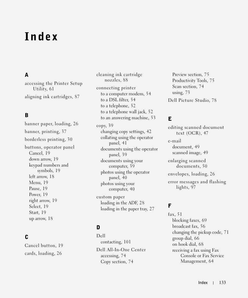 Index | Dell 964 All In One Photo Printer User Manual | Page 133 / 136