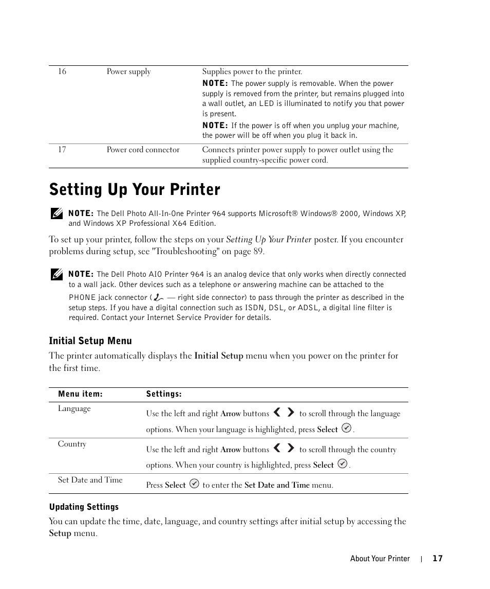 Setting up your printer, Initial setup menu | Dell 964 All In One Photo Printer User Manual | Page 17 / 136