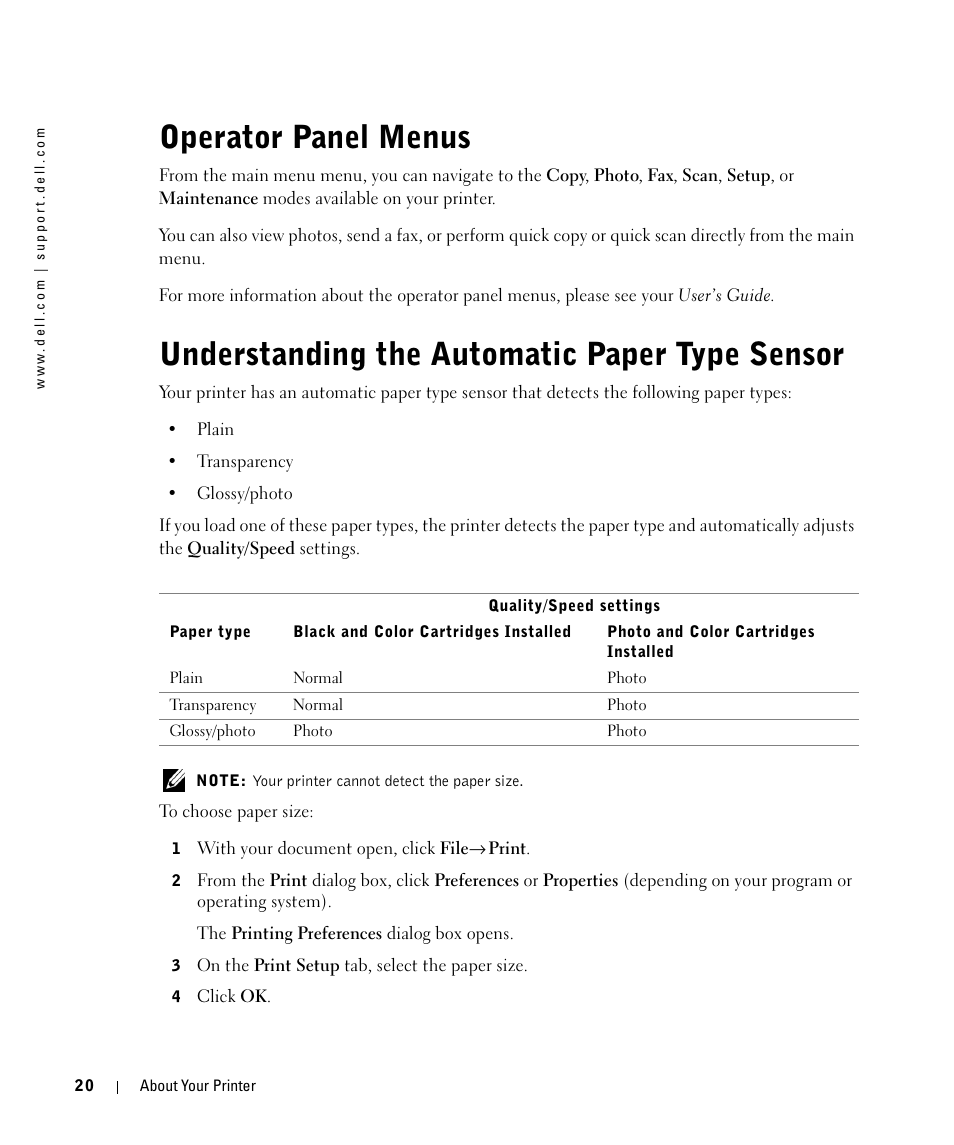 Operator panel menus, Understanding the automatic paper type sensor | Dell 964 All In One Photo Printer User Manual | Page 20 / 136