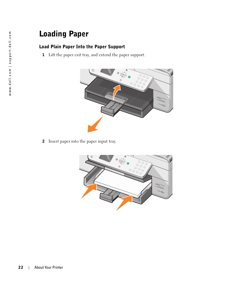 Loading paper, Load plain paper into the paper support | Dell 964 All In One Photo Printer User Manual | Page 22 / 136