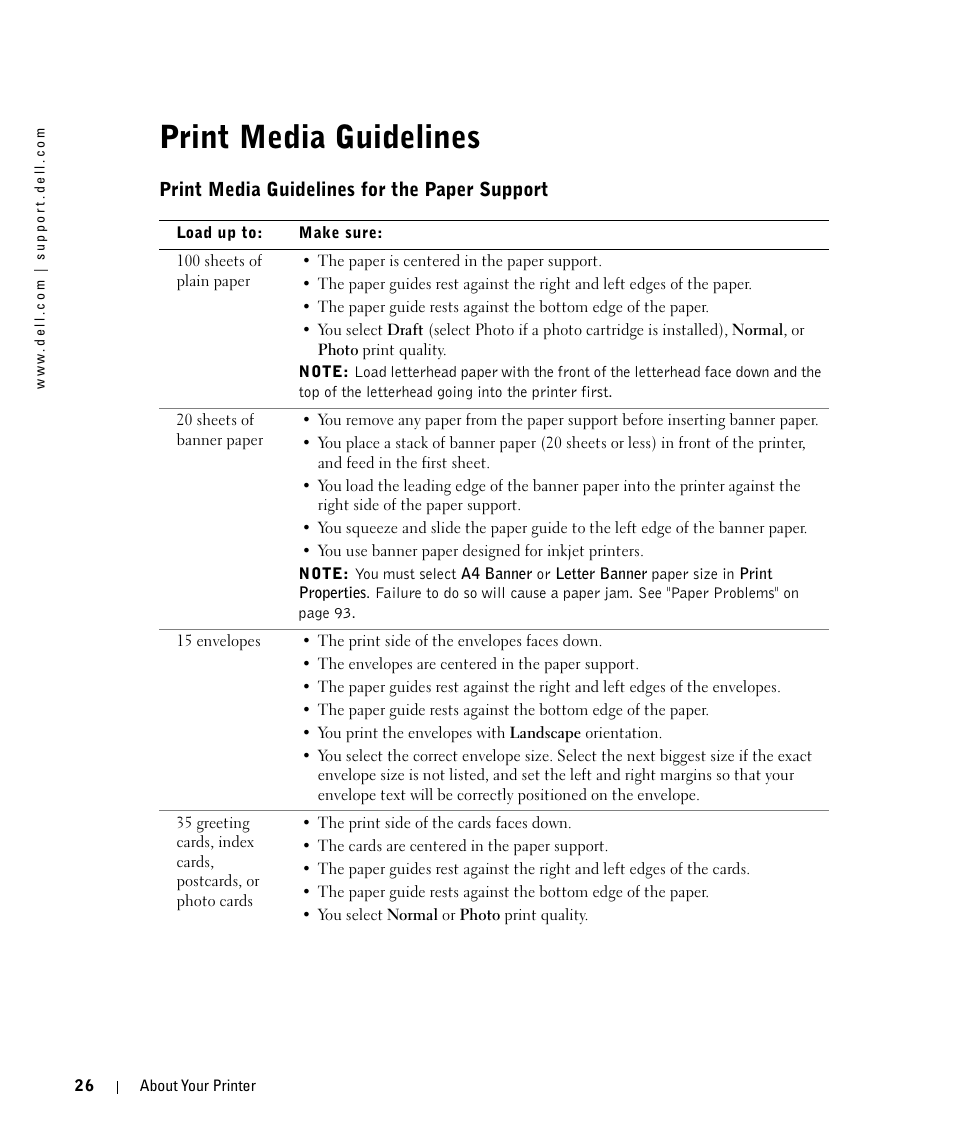 Print media guidelines, Print media guidelines for the paper support | Dell 964 All In One Photo Printer User Manual | Page 26 / 136