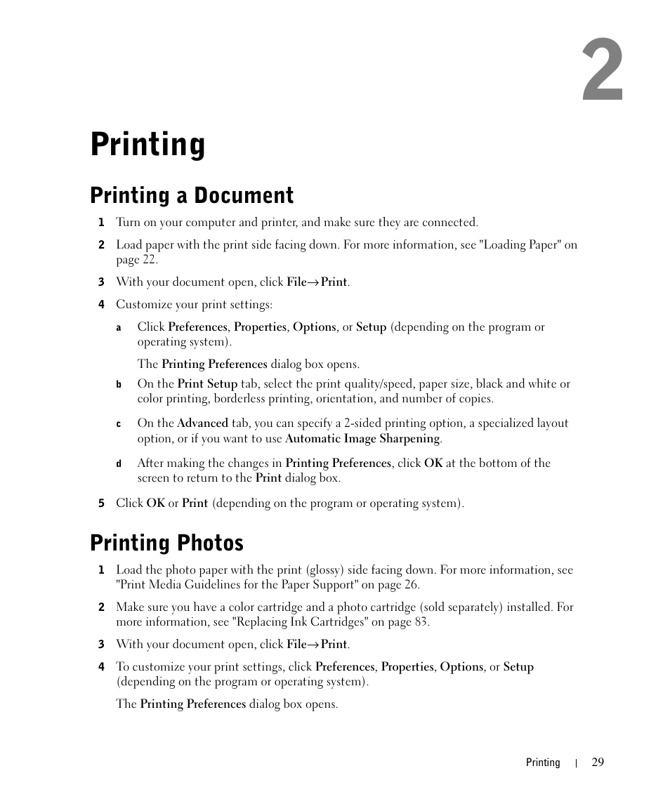 Printing, Printing a document, Printing photos | Dell 964 All In One Photo Printer User Manual | Page 29 / 136