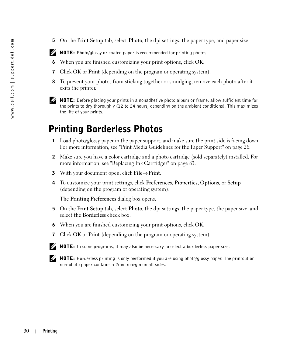 Printing borderless photos | Dell 964 All In One Photo Printer User Manual | Page 30 / 136