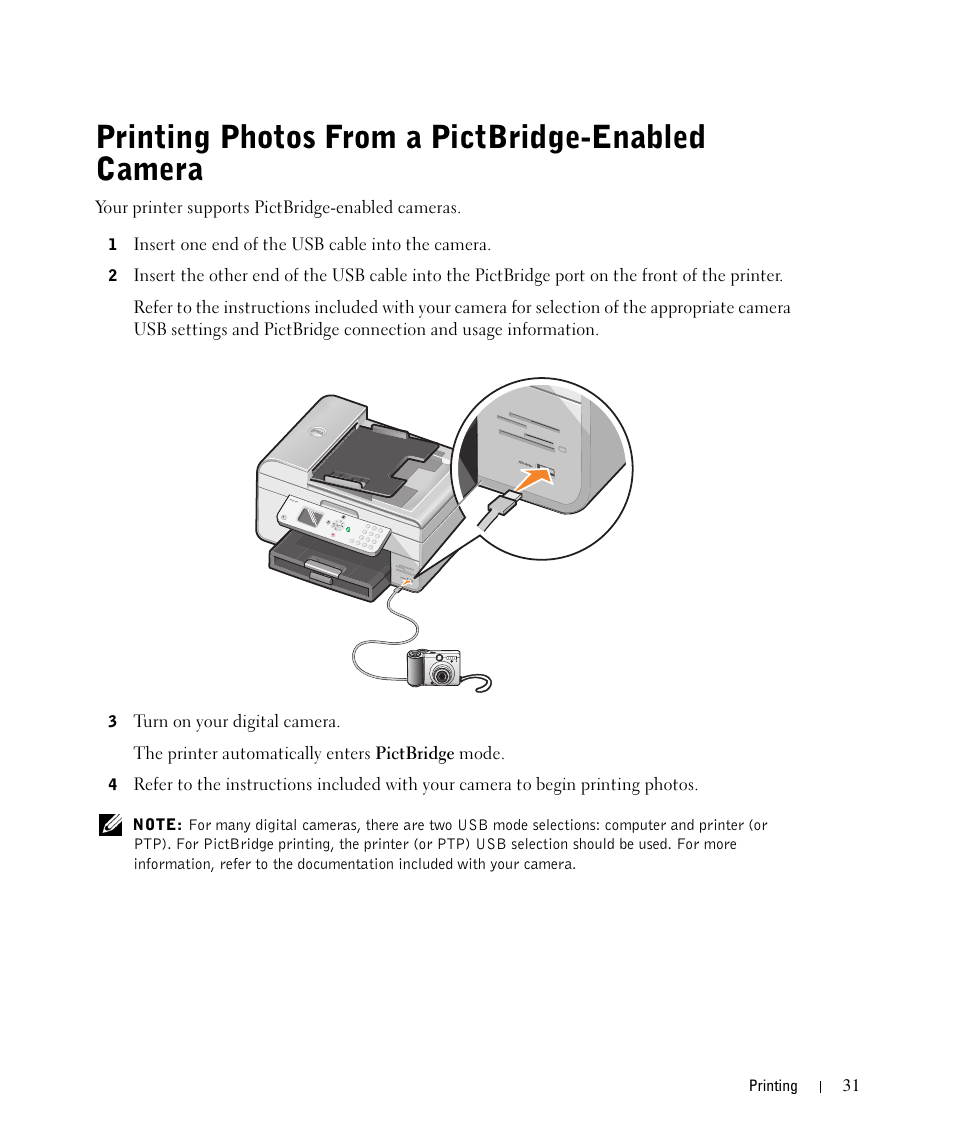 Printing photos from a pictbridge-enabled camera | Dell 964 All In One Photo Printer User Manual | Page 31 / 136