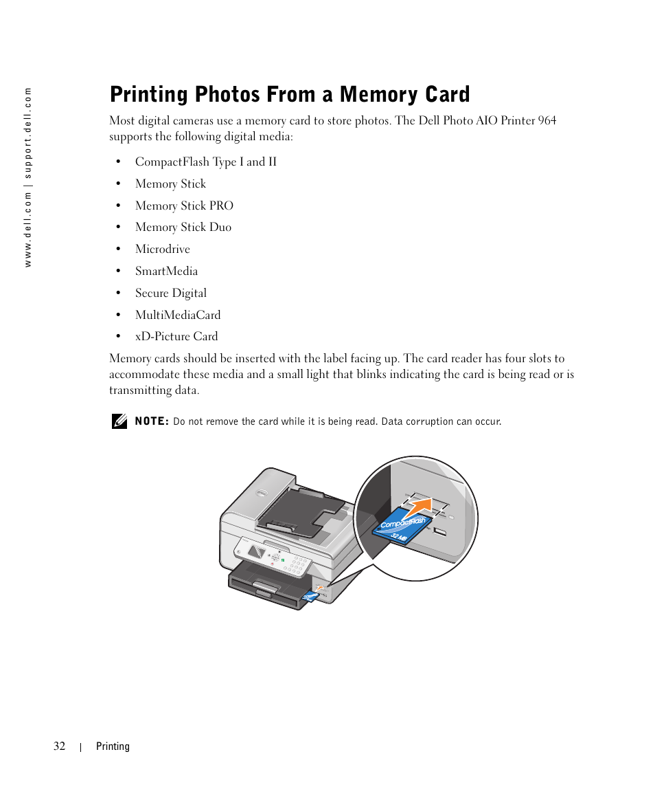 Printing photos from a memory card | Dell 964 All In One Photo Printer User Manual | Page 32 / 136