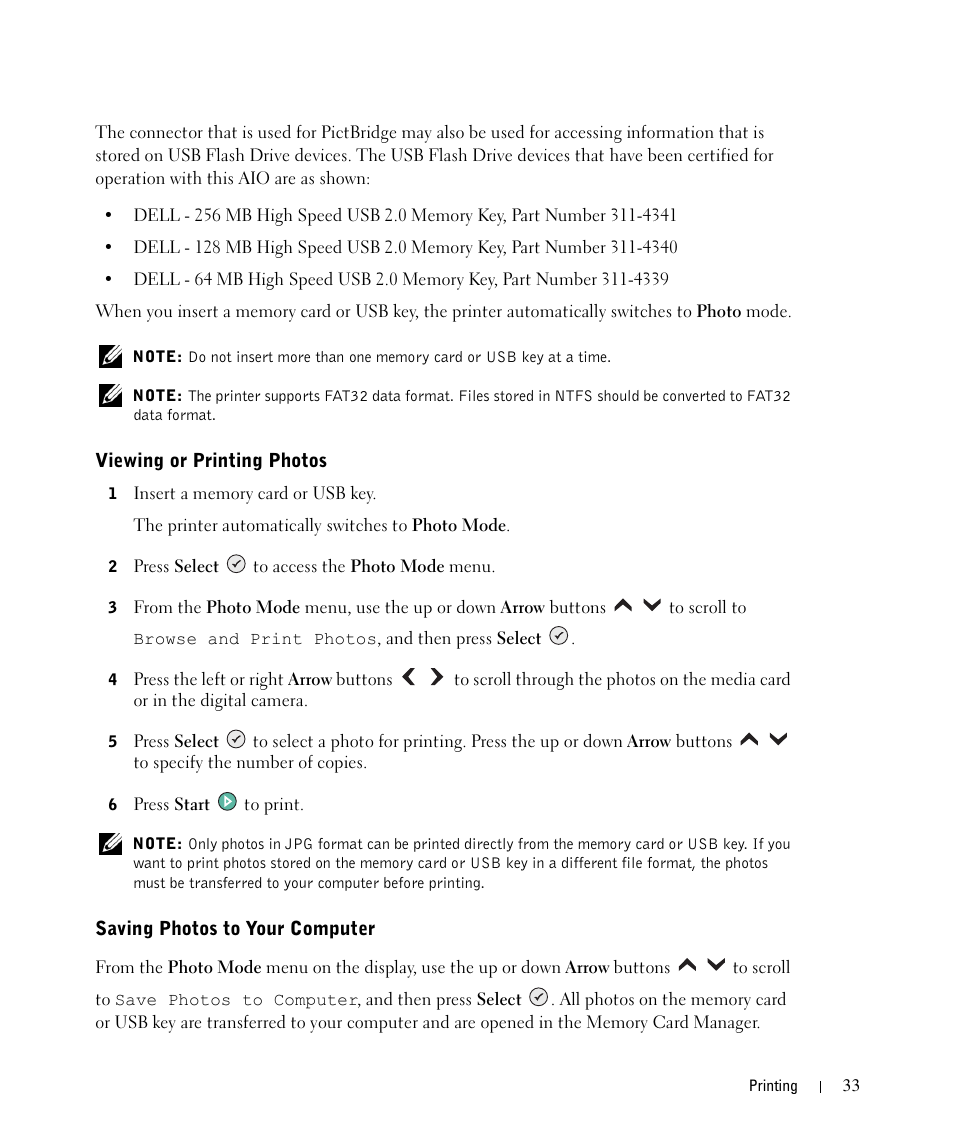 Viewing or printing photos, Saving photos to your computer | Dell 964 All In One Photo Printer User Manual | Page 33 / 136