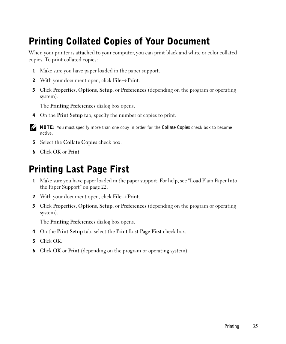 Printing collated copies of your document, Printing last page first | Dell 964 All In One Photo Printer User Manual | Page 35 / 136