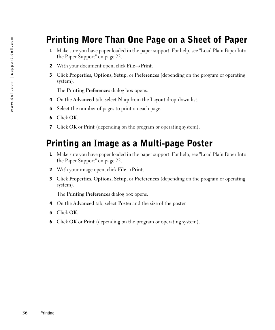 Printing more than one page on a sheet of paper, Printing an image as a multi-page poster | Dell 964 All In One Photo Printer User Manual | Page 36 / 136