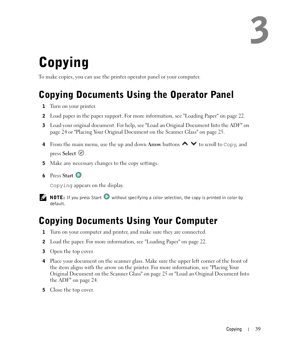 Copying, Copying documents using the operator panel, Copying documents using your computer | Dell 964 All In One Photo Printer User Manual | Page 39 / 136