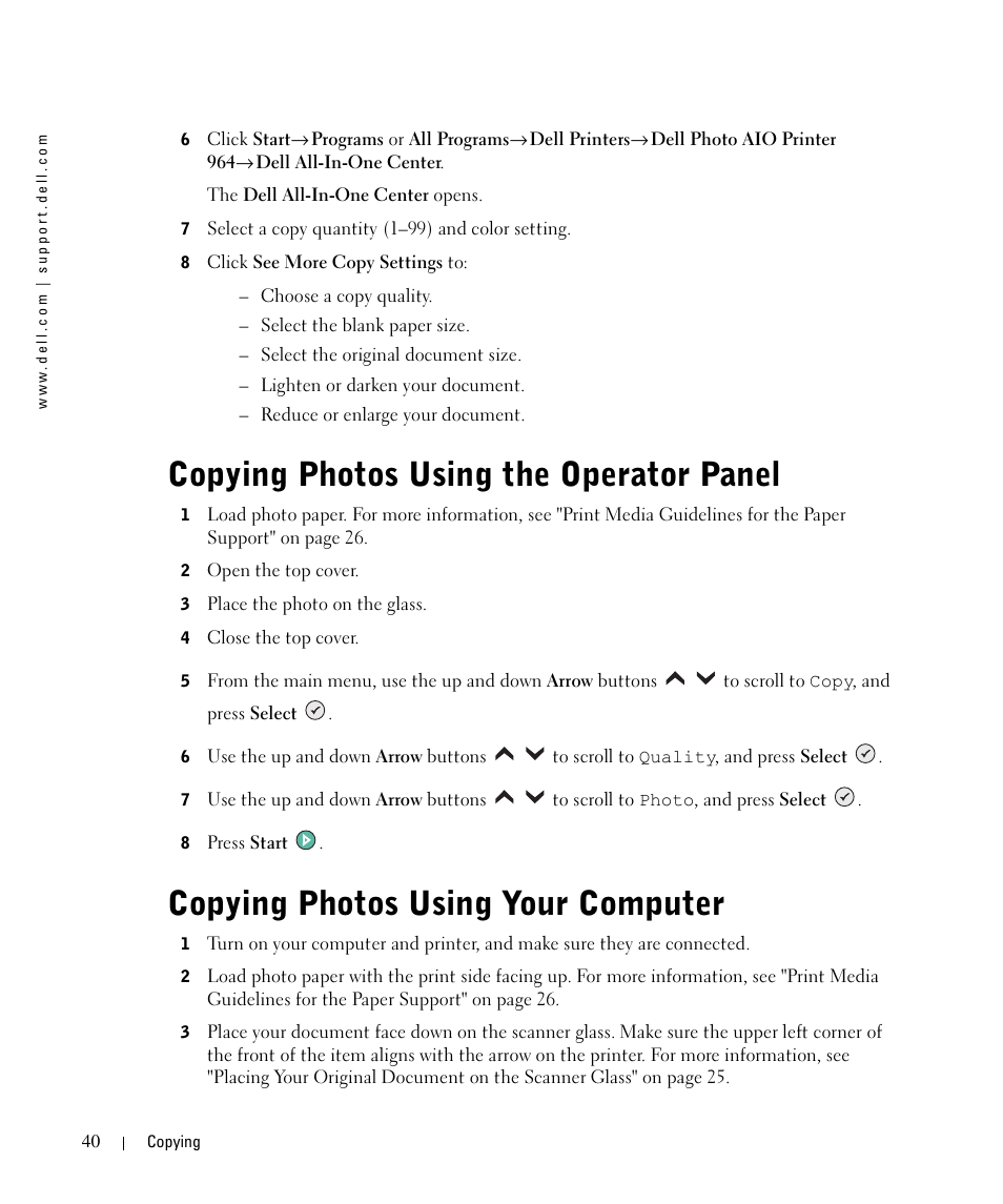 Copying photos using the operator panel, Copying photos using your computer | Dell 964 All In One Photo Printer User Manual | Page 40 / 136