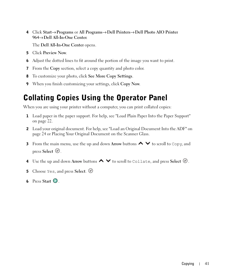 Collating copies using the operator panel | Dell 964 All In One Photo Printer User Manual | Page 41 / 136