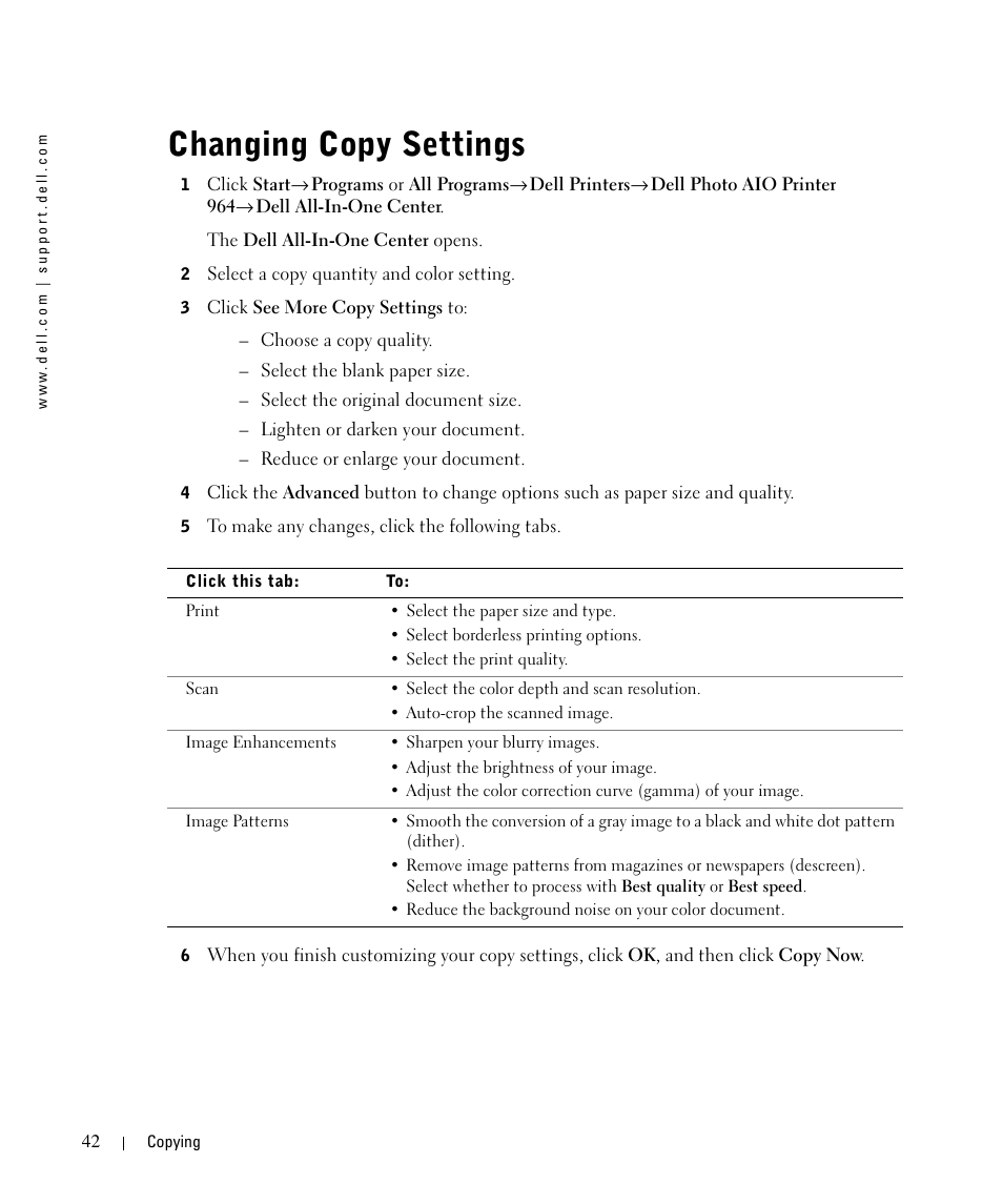 Changing copy settings | Dell 964 All In One Photo Printer User Manual | Page 42 / 136