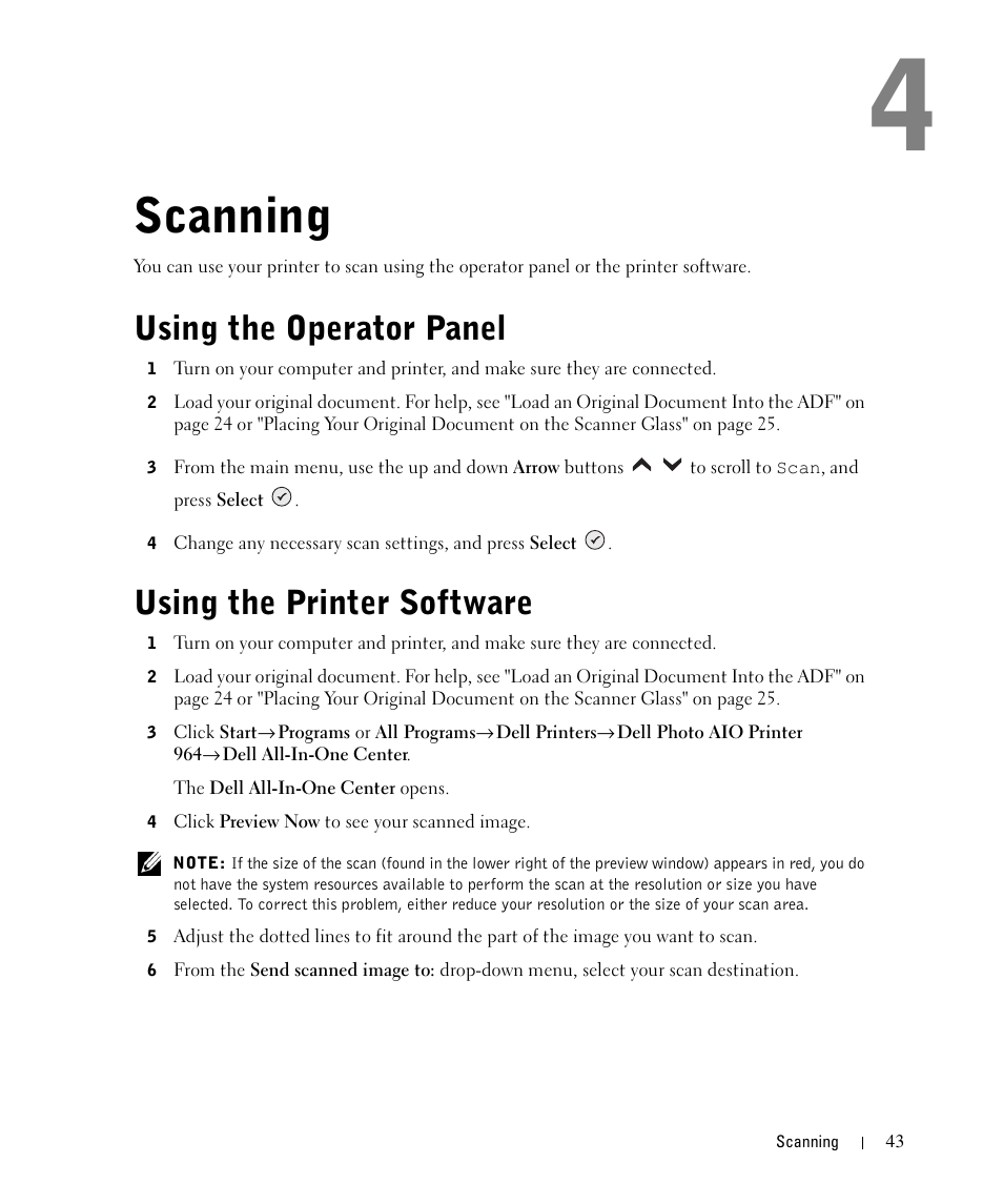 Scanning, Using the operator panel, Using the printer software | Dell 964 All In One Photo Printer User Manual | Page 43 / 136