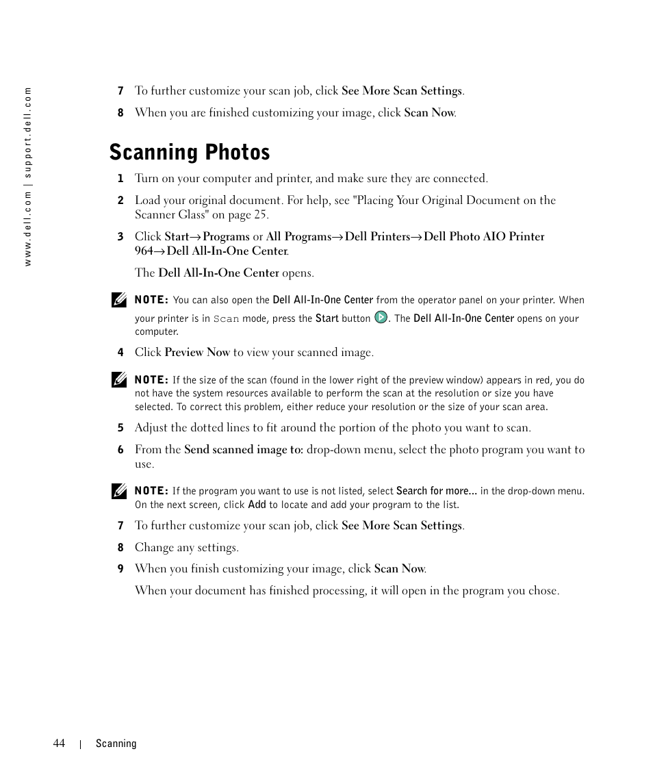 Scanning photos | Dell 964 All In One Photo Printer User Manual | Page 44 / 136