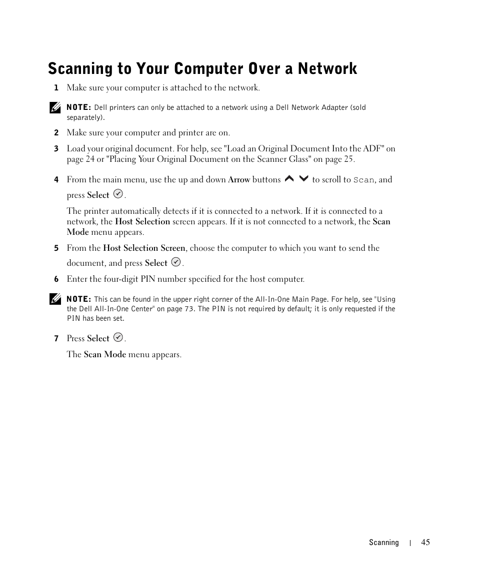 Scanning to your computer over a network | Dell 964 All In One Photo Printer User Manual | Page 45 / 136