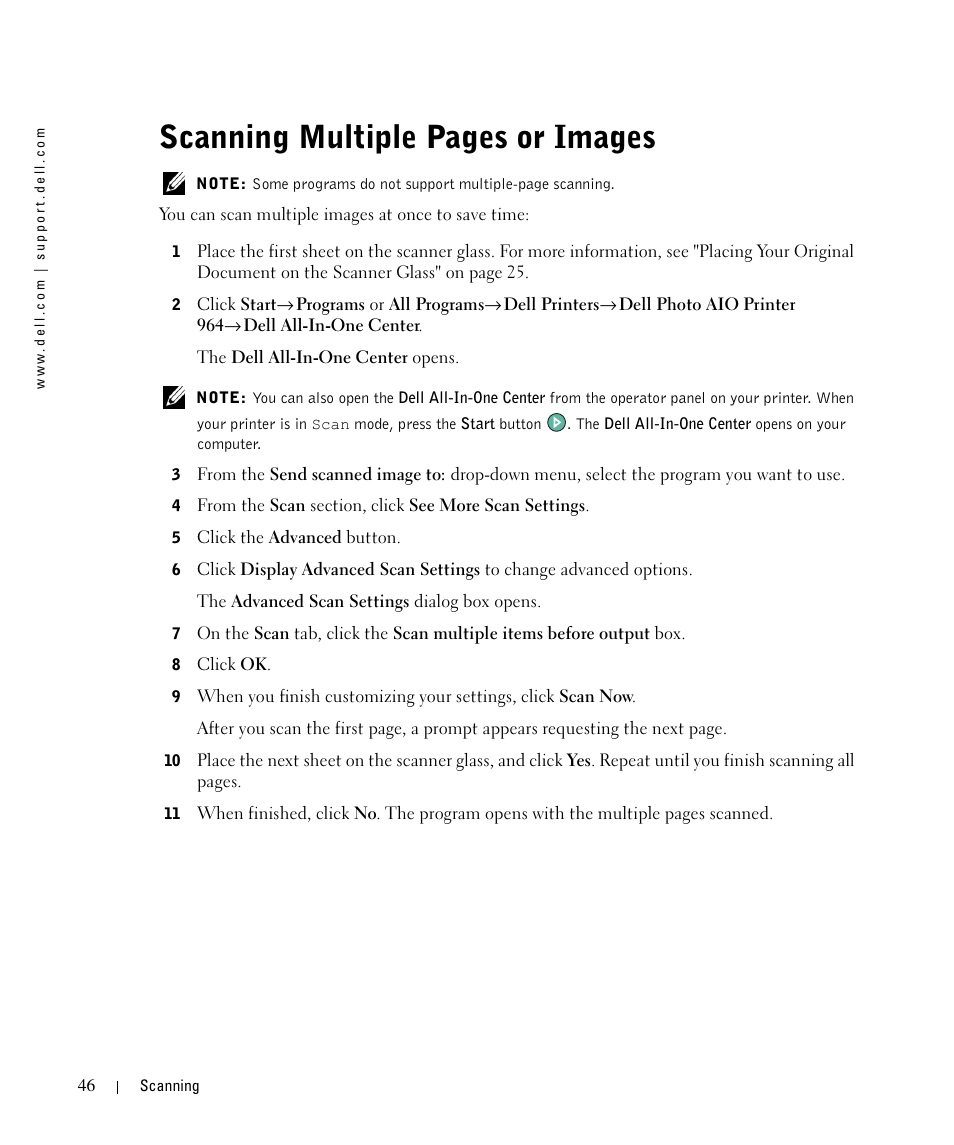 Scanning multiple pages or images | Dell 964 All In One Photo Printer User Manual | Page 46 / 136