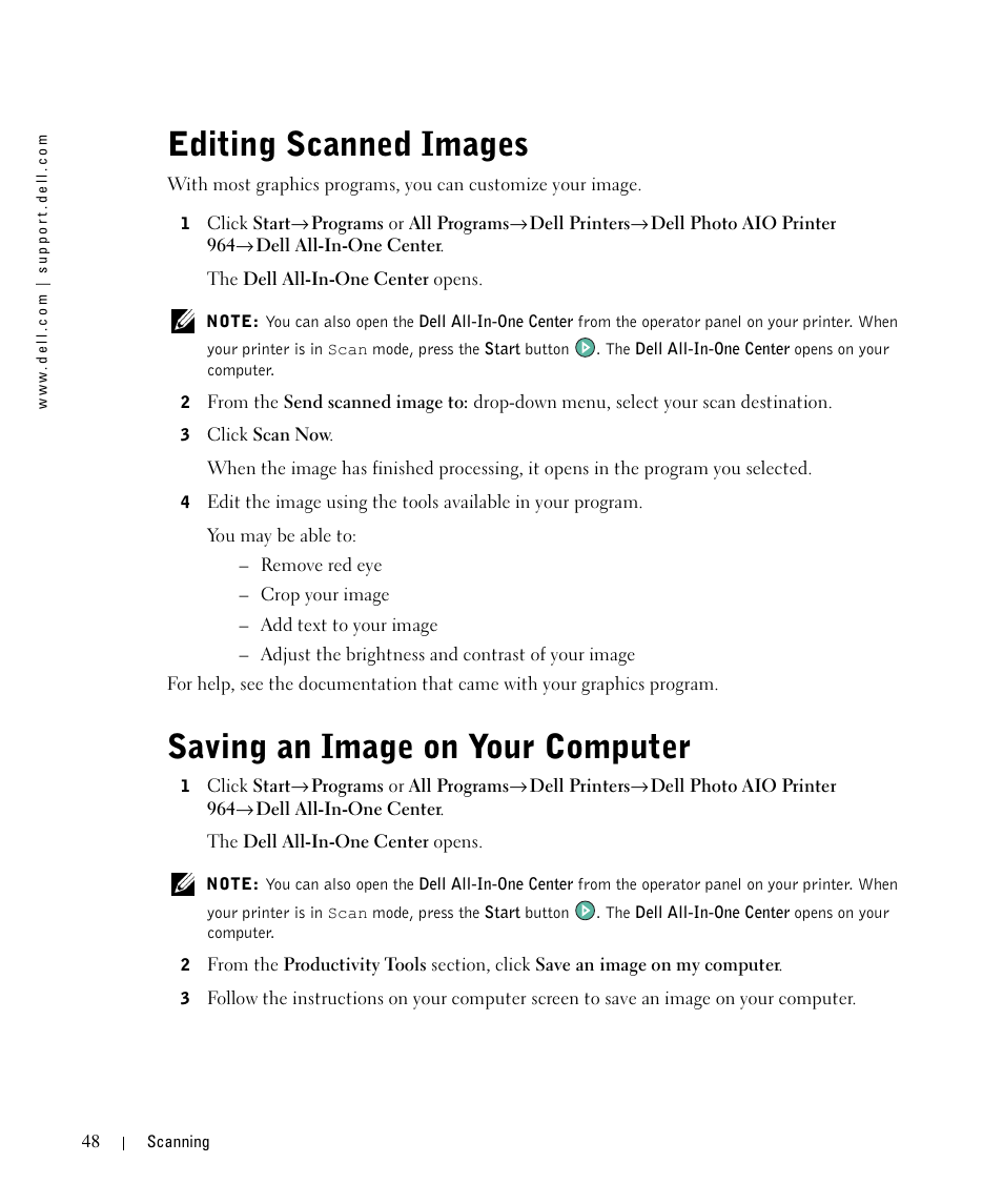 Editing scanned images, Saving an image on your computer | Dell 964 All In One Photo Printer User Manual | Page 48 / 136