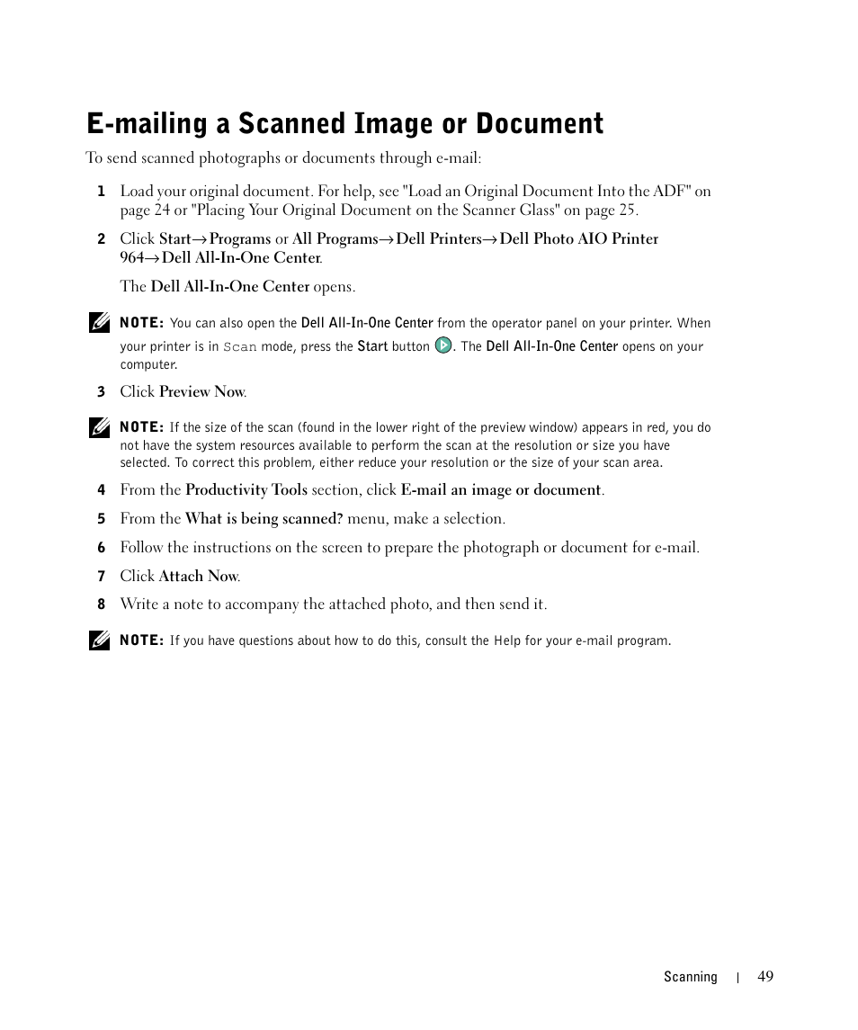 E-mailing a scanned image or document | Dell 964 All In One Photo Printer User Manual | Page 49 / 136