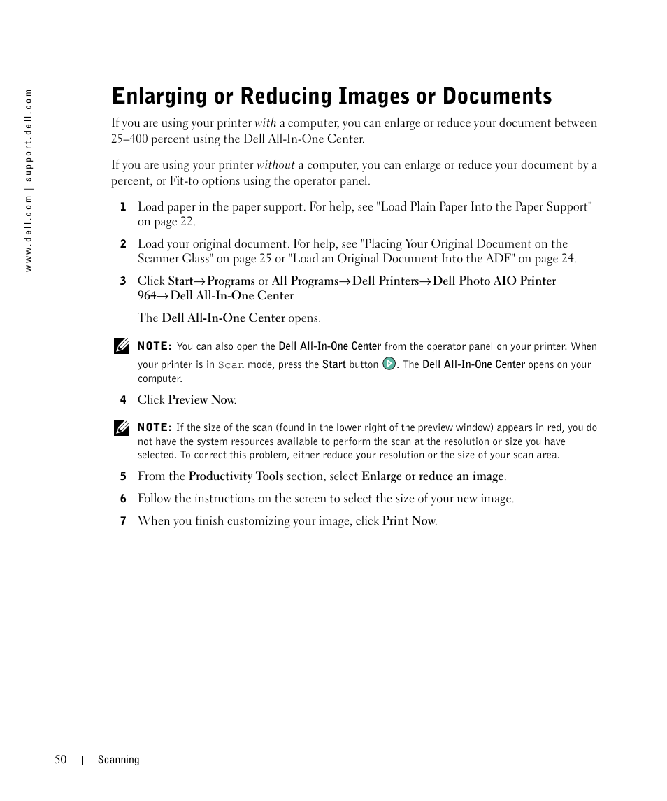 Enlarging or reducing images or documents | Dell 964 All In One Photo Printer User Manual | Page 50 / 136