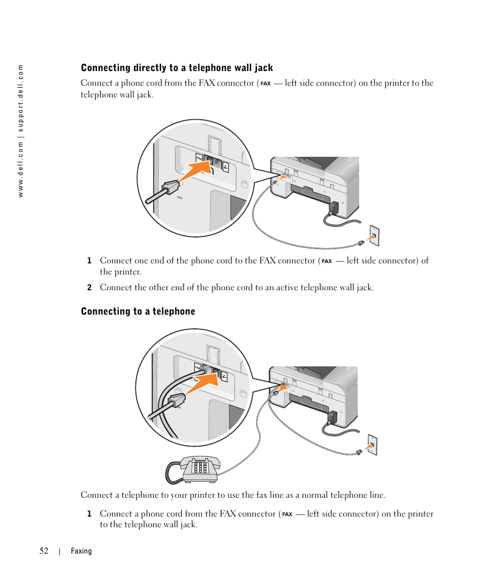 Connecting directly to a telephone wall jack, Connecting to a telephone | Dell 964 All In One Photo Printer User Manual | Page 52 / 136